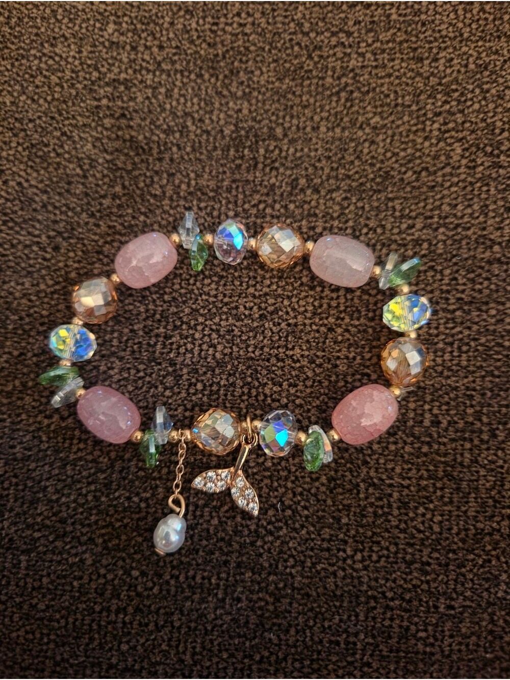 Pink Crystal Beaded Mermaid Tail Charm Stretch Bracelet